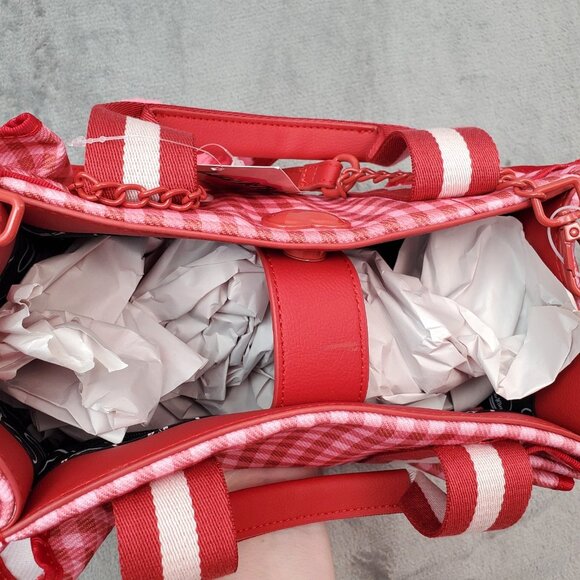 Betsey Johnson Heart LB Ruffle Pink Red Gingham Handbag Crossbody Tote Cottage - Picture 14 of 16